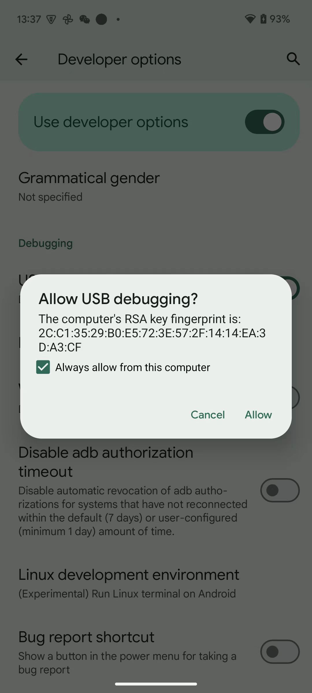 Android debugging permissions