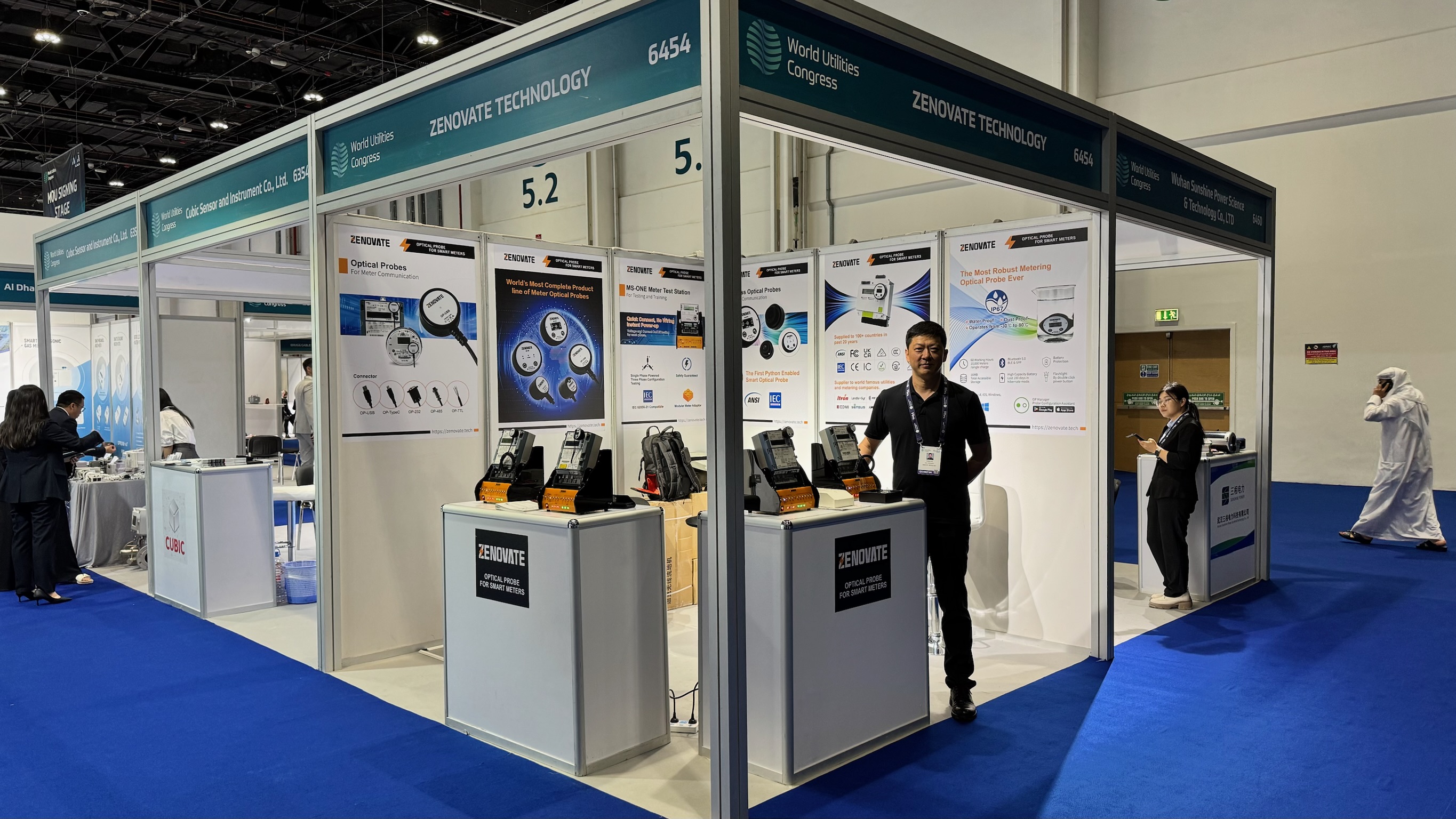 Zenovate booth 6454 at World Utilities Congress 2025 in Abu Dhabi, showcasing OP Series optical probes and MS-ONE